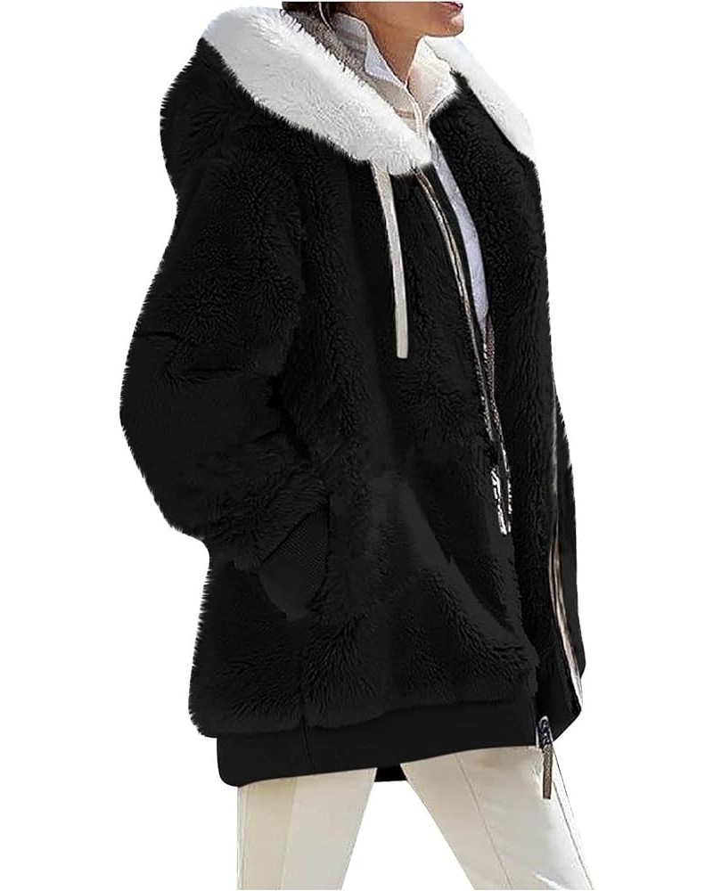 Womens Fleece Zip Up Jacket Solid Open Front Hooded Cardigans Oversized Fluffy Sherpa Outerwear With Pockets 1-black $14.21 J...