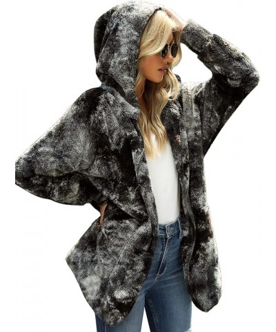 Women Fuzzy Fleece Open Front Pockets Hooded Cardigan Jacket Coat Outwear E Tie Dye Black $26.54 Jackets