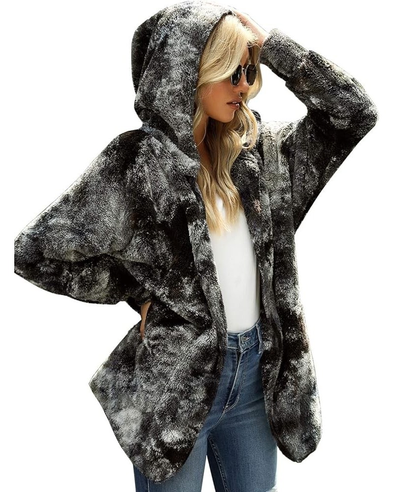 Women Fuzzy Fleece Open Front Pockets Hooded Cardigan Jacket Coat Outwear E Tie Dye Black $26.54 Jackets