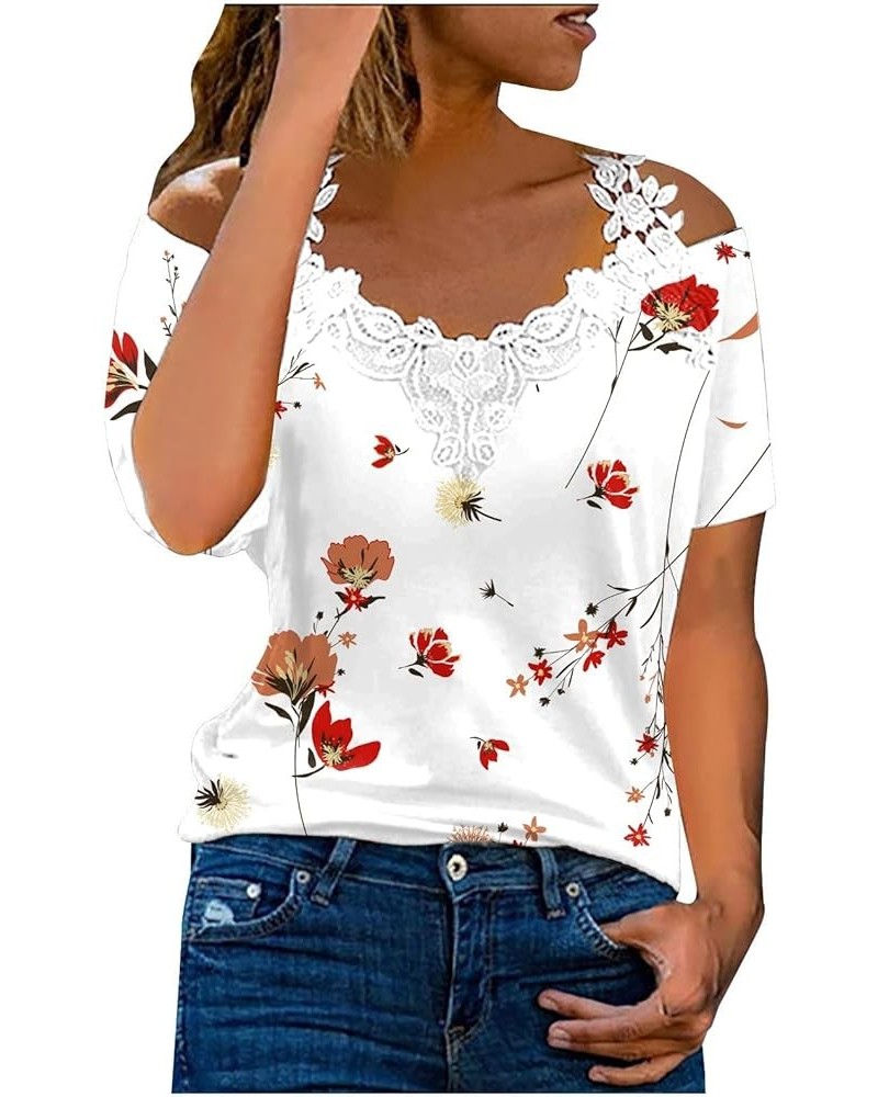 Womens Summer Tops V Neck Cold Shoulder Top Floral Print Casual Loose Hollow Out T-Shirts Sexy Lace Hide Belly Blouse A27-red...