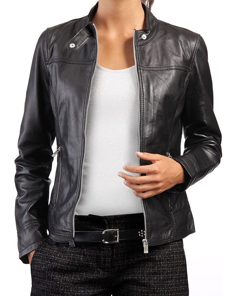 Womens Motorcycle Handmade Slim Fit Genuine Lambskin Leather Racer Jacket Black $48.60 Coats