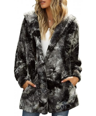 Women Fuzzy Fleece Open Front Pockets Hooded Cardigan Jacket Coat Outwear E Tie Dye Black $26.54 Jackets