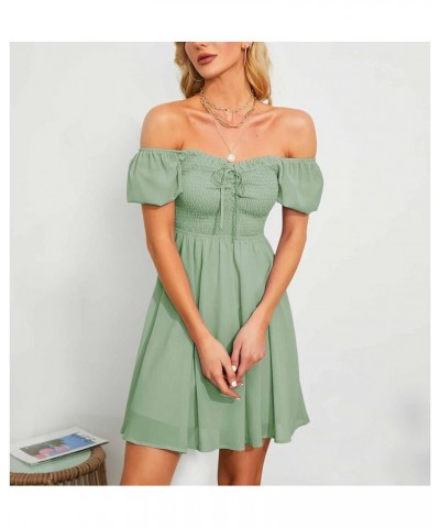 Women's Sweetheart Neckline Dress Smocked Sundress Puff Short Sleeve Drawstring Dresses Light Gray Green $24.00 Dresses