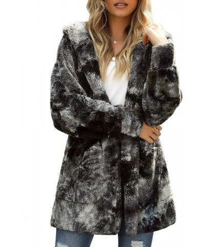 Women Fuzzy Fleece Open Front Pockets Hooded Cardigan Jacket Coat Outwear E Tie Dye Black $26.54 Jackets