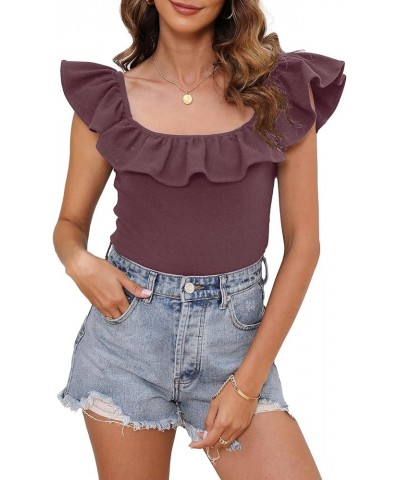 2024 Women's Summer Tank Tops Casual Ruffle Square Neck Sleeveless Cute Knit Camisole Shirts Purple $11.00 Tanks