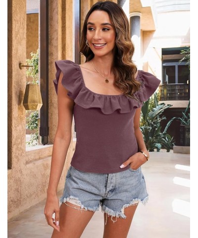 2024 Women's Summer Tank Tops Casual Ruffle Square Neck Sleeveless Cute Knit Camisole Shirts Purple $11.00 Tanks