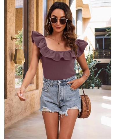 2024 Women's Summer Tank Tops Casual Ruffle Square Neck Sleeveless Cute Knit Camisole Shirts Purple $11.00 Tanks