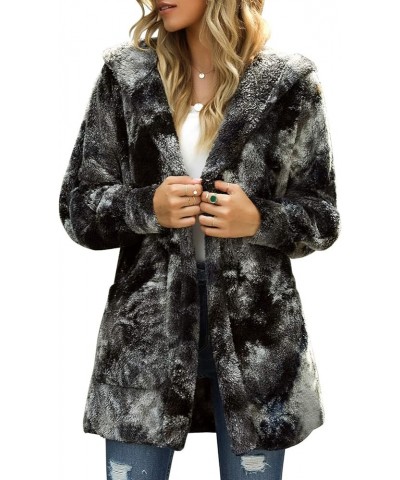 Women Fuzzy Fleece Open Front Pockets Hooded Cardigan Jacket Coat Outwear E Tie Dye Black $26.54 Jackets