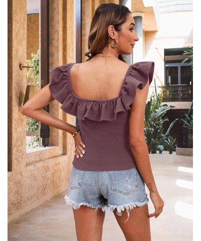 2024 Women's Summer Tank Tops Casual Ruffle Square Neck Sleeveless Cute Knit Camisole Shirts Purple $11.00 Tanks