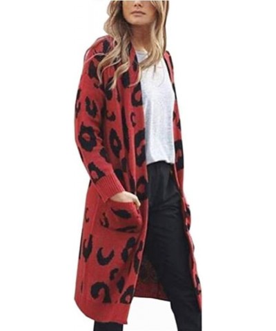 Womens Colorblock Leopard Print Cardigan Sweater Casual Long Sleeve Neckline Open Front Knit Outerwear with Pockets Red $17.0...