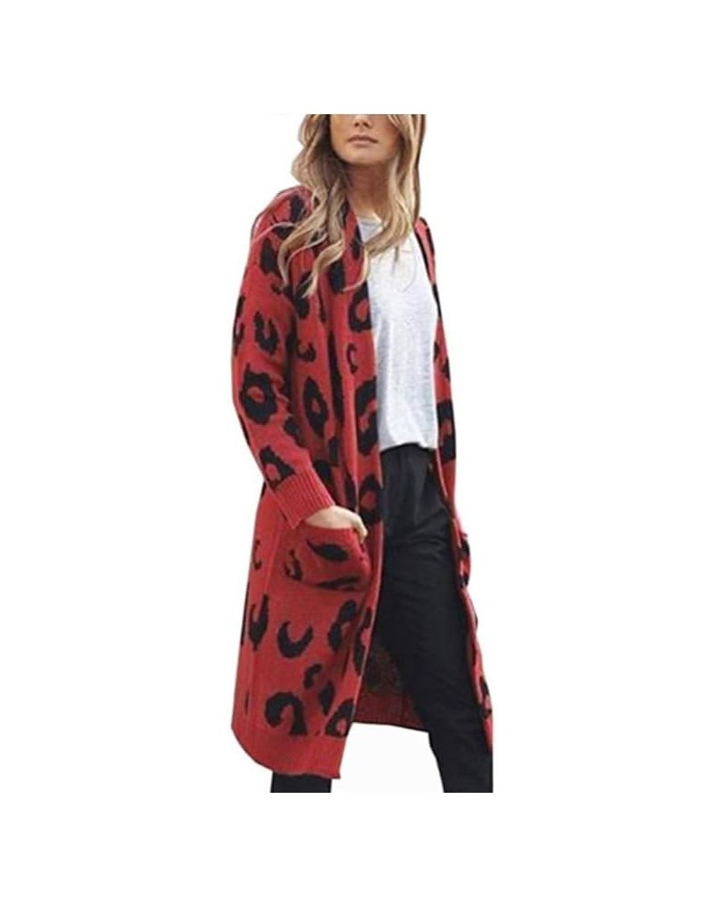 Womens Colorblock Leopard Print Cardigan Sweater Casual Long Sleeve Neckline Open Front Knit Outerwear with Pockets Red $17.0...