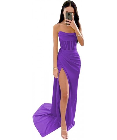 Women's Strapless Mermaid Prom Dresses Long Satin Ball Gown Ruched Corset Formal Evening Dress with Slit Purple $32.44 Dresses