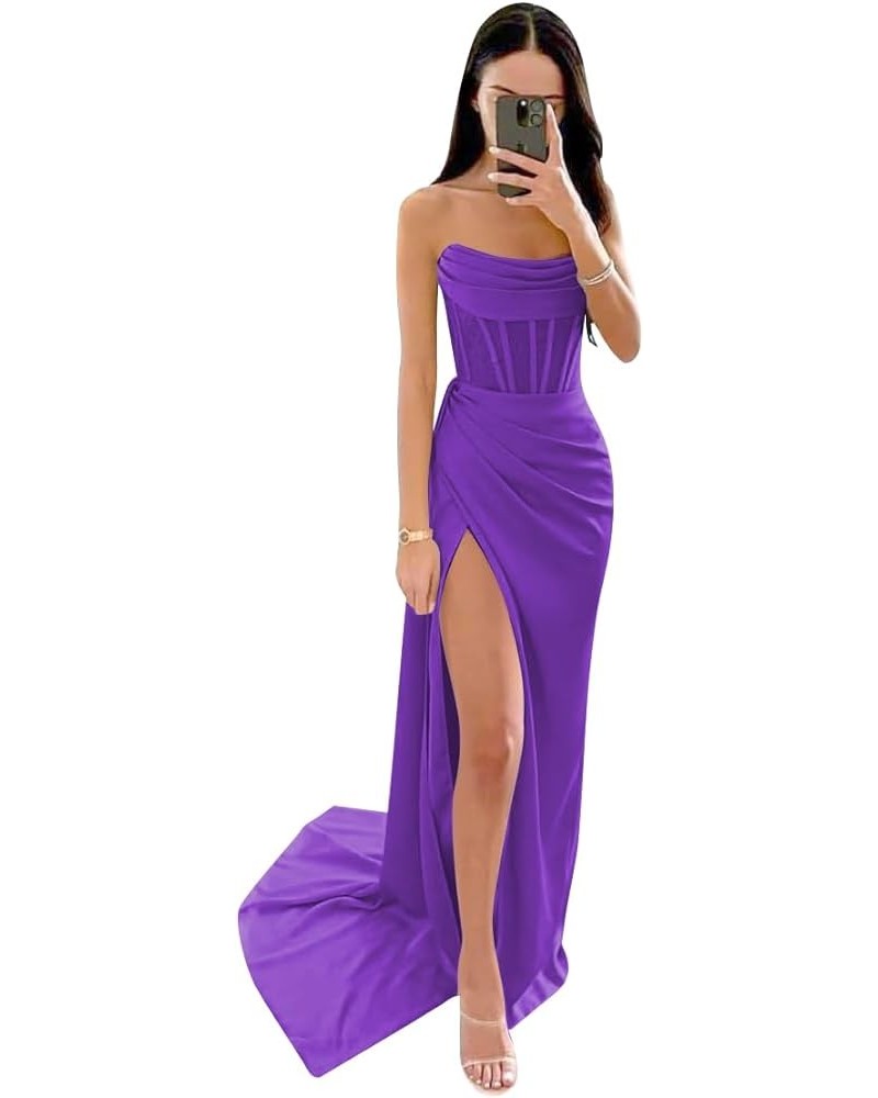 Women's Strapless Mermaid Prom Dresses Long Satin Ball Gown Ruched Corset Formal Evening Dress with Slit Purple $32.44 Dresses