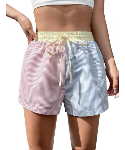 Women's Colorblock Drawstring Elastic Waist Straight Leg Striped Shorts Pink Blue $7.79 Shorts