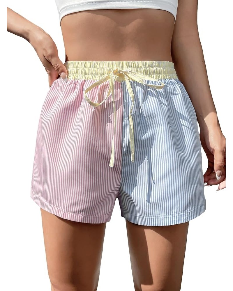 Women's Colorblock Drawstring Elastic Waist Straight Leg Striped Shorts Pink Blue $7.79 Shorts