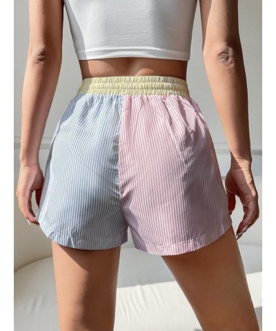 Women's Colorblock Drawstring Elastic Waist Straight Leg Striped Shorts Pink Blue $7.79 Shorts