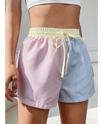 Women's Colorblock Drawstring Elastic Waist Straight Leg Striped Shorts Pink Blue $7.79 Shorts