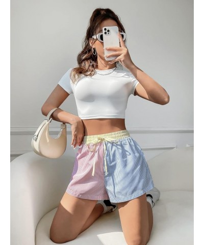 Women's Colorblock Drawstring Elastic Waist Straight Leg Striped Shorts Pink Blue $7.79 Shorts