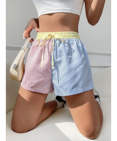 Women's Colorblock Drawstring Elastic Waist Straight Leg Striped Shorts Pink Blue $7.79 Shorts