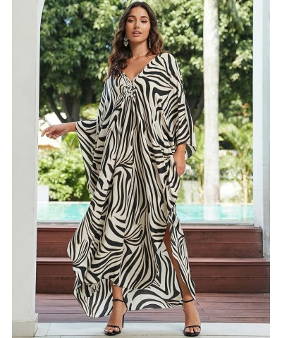 Women Boho Printed Kaftan Dresses Fancy Caftan Tunic Casual Housewear Over-Sized Beach Blouse Long Swimsuit Coverup Beige Zeb...