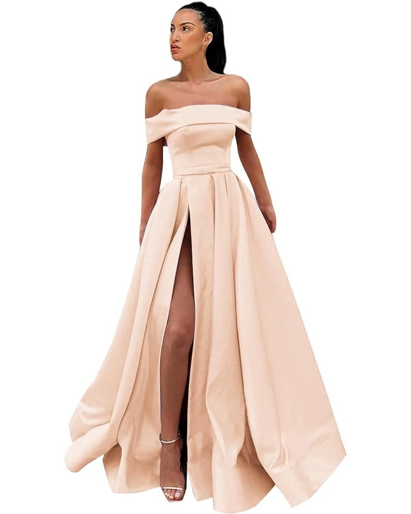 Women's Off Shoulder Prom Dresses Long Ball Gown Slit Backless Formal Evening Gown Party Dress with Pockets Peach $40.85 Dresses