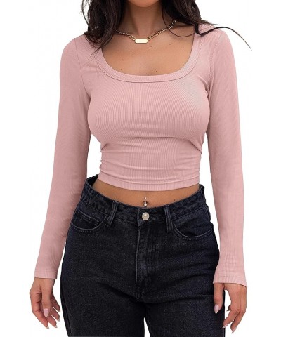 Women's Long Sleeve Square Neck Crop Top Ribbed Slim Fitted Y2K Casual T-Shirt Tops Pink $10.25 T-Shirts