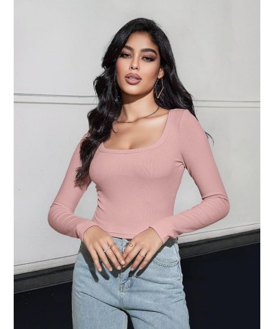 Women's Long Sleeve Square Neck Crop Top Ribbed Slim Fitted Y2K Casual T-Shirt Tops Pink $10.25 T-Shirts