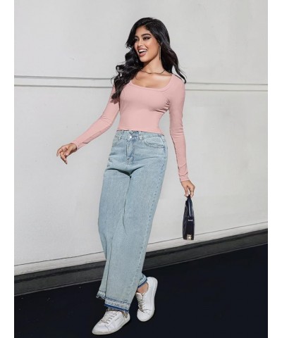 Women's Long Sleeve Square Neck Crop Top Ribbed Slim Fitted Y2K Casual T-Shirt Tops Pink $10.25 T-Shirts