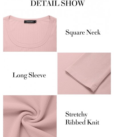 Women's Long Sleeve Square Neck Crop Top Ribbed Slim Fitted Y2K Casual T-Shirt Tops Pink $10.25 T-Shirts