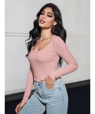 Women's Long Sleeve Square Neck Crop Top Ribbed Slim Fitted Y2K Casual T-Shirt Tops Pink $10.25 T-Shirts