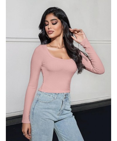 Women's Long Sleeve Square Neck Crop Top Ribbed Slim Fitted Y2K Casual T-Shirt Tops Pink $10.25 T-Shirts