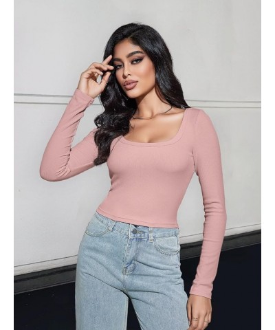 Women's Long Sleeve Square Neck Crop Top Ribbed Slim Fitted Y2K Casual T-Shirt Tops Pink $10.25 T-Shirts