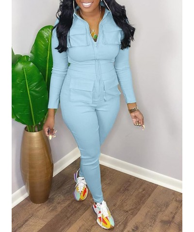 Women's Sexy Bodycon Jumpsuits Long Sleeve Zip Up Rompers One Piece Outfit Bodysuit H-blue $21.60 Jumpsuits