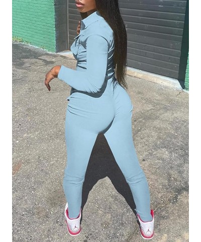 Women's Sexy Bodycon Jumpsuits Long Sleeve Zip Up Rompers One Piece Outfit Bodysuit H-blue $21.60 Jumpsuits