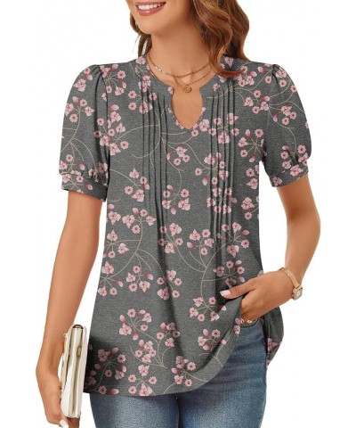 Women's 2024 V-Neck Puff Short Sleeve Pleated Tops Summer Fashion Tunics Casual Blouse T Shirts Gypsophila Black $13.74 Tops