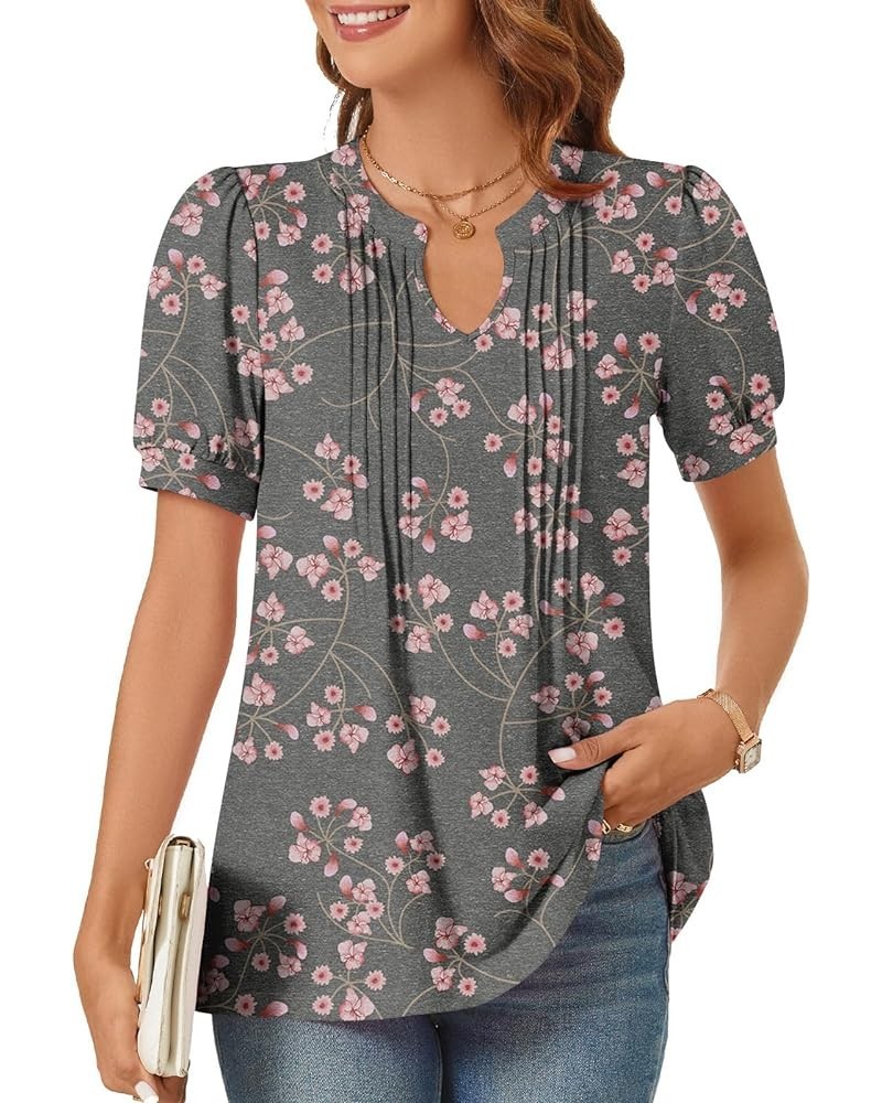 Women's 2024 V-Neck Puff Short Sleeve Pleated Tops Summer Fashion Tunics Casual Blouse T Shirts Gypsophila Black $13.74 Tops