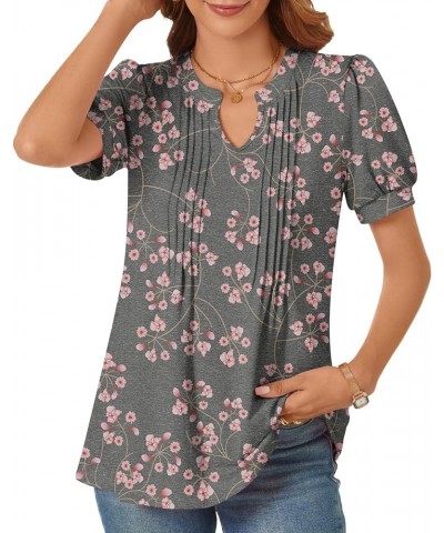 Women's 2024 V-Neck Puff Short Sleeve Pleated Tops Summer Fashion Tunics Casual Blouse T Shirts Gypsophila Black $13.74 Tops