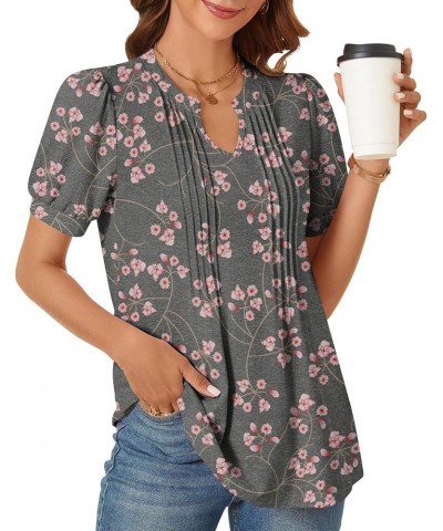 Women's 2024 V-Neck Puff Short Sleeve Pleated Tops Summer Fashion Tunics Casual Blouse T Shirts Gypsophila Black $13.74 Tops