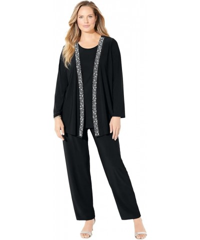 Women's Plus Size Beaded Trim 3-Piece Jacket Pant Set Black $64.21 Suits