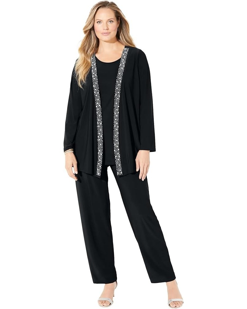 Women's Plus Size Beaded Trim 3-Piece Jacket Pant Set Black $64.21 Suits