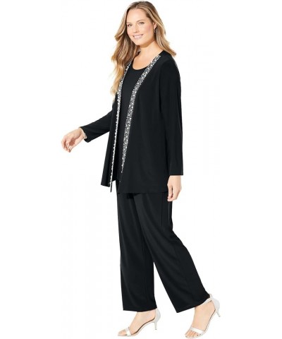 Women's Plus Size Beaded Trim 3-Piece Jacket Pant Set Black $64.21 Suits