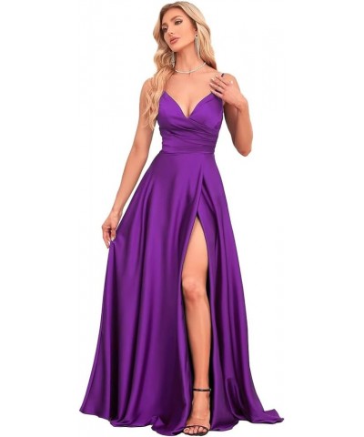 Women's V Neck Satin Bridesmaid Dresses 2024 Spaghetti Straps Prom Dresses A Line Formal Party Dress with Slit UU03 Purple $3...