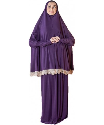 Women's Prayer Dress 2 Pieces Lycra Solid Color Plus Long Sleeve | One-Size | Hijab Abaya Suit (Purple) $16.65 Suits