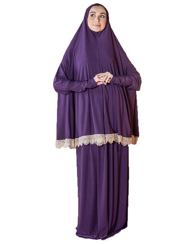 Women's Prayer Dress 2 Pieces Lycra Solid Color Plus Long Sleeve | One-Size | Hijab Abaya Suit (Purple) $16.65 Suits