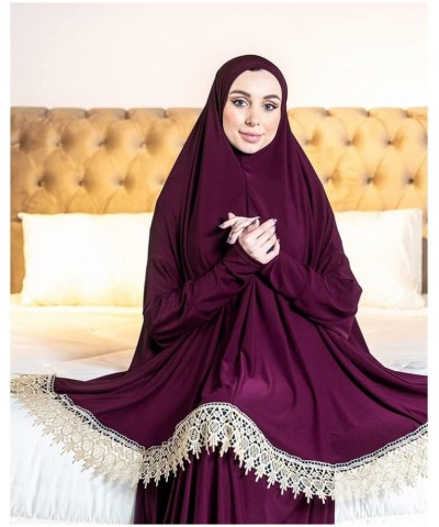 Women's Prayer Dress 2 Pieces Lycra Solid Color Plus Long Sleeve | One-Size | Hijab Abaya Suit (Purple) $16.65 Suits