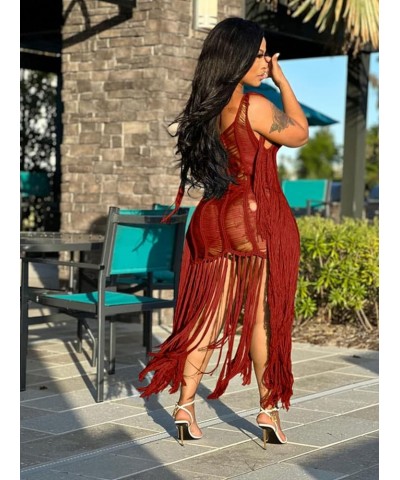 Women's Sexy Tassel Hollow Out See Through Crochet Maxi Long Dress Knitted Beach Dresses Swimsuit Coverup 1253-red $21.72 Swi...