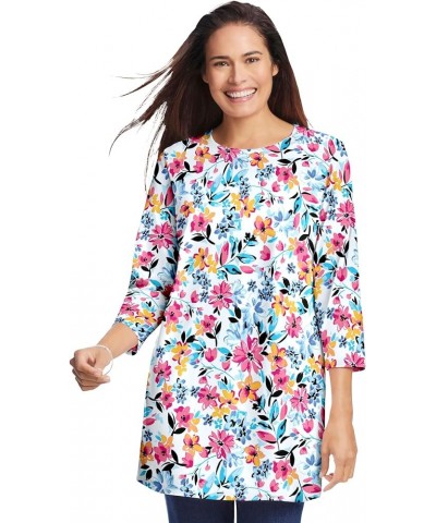 Women's Plus Size Perfect Printed Three-Quarter Sleeve Crewneck Tunic White Painterly Bloom $12.70 Tops