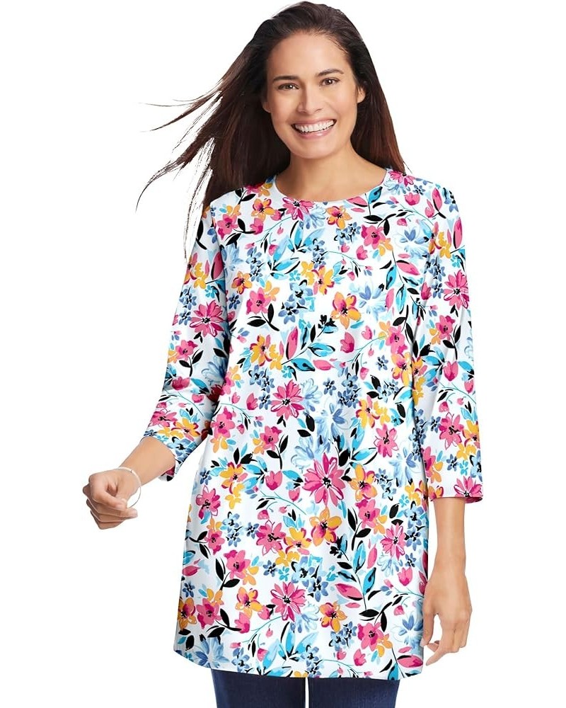 Women's Plus Size Perfect Printed Three-Quarter Sleeve Crewneck Tunic White Painterly Bloom $12.70 Tops