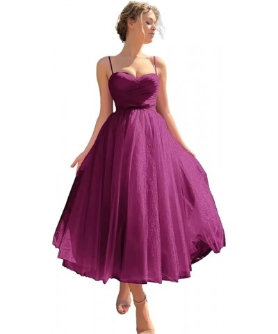 Spaghetti Straps Tulle Prom Dress for Women 2023 Tea Length Teens Formal Evening Party Dress with Pockets YO034 Plum $31.61 D...