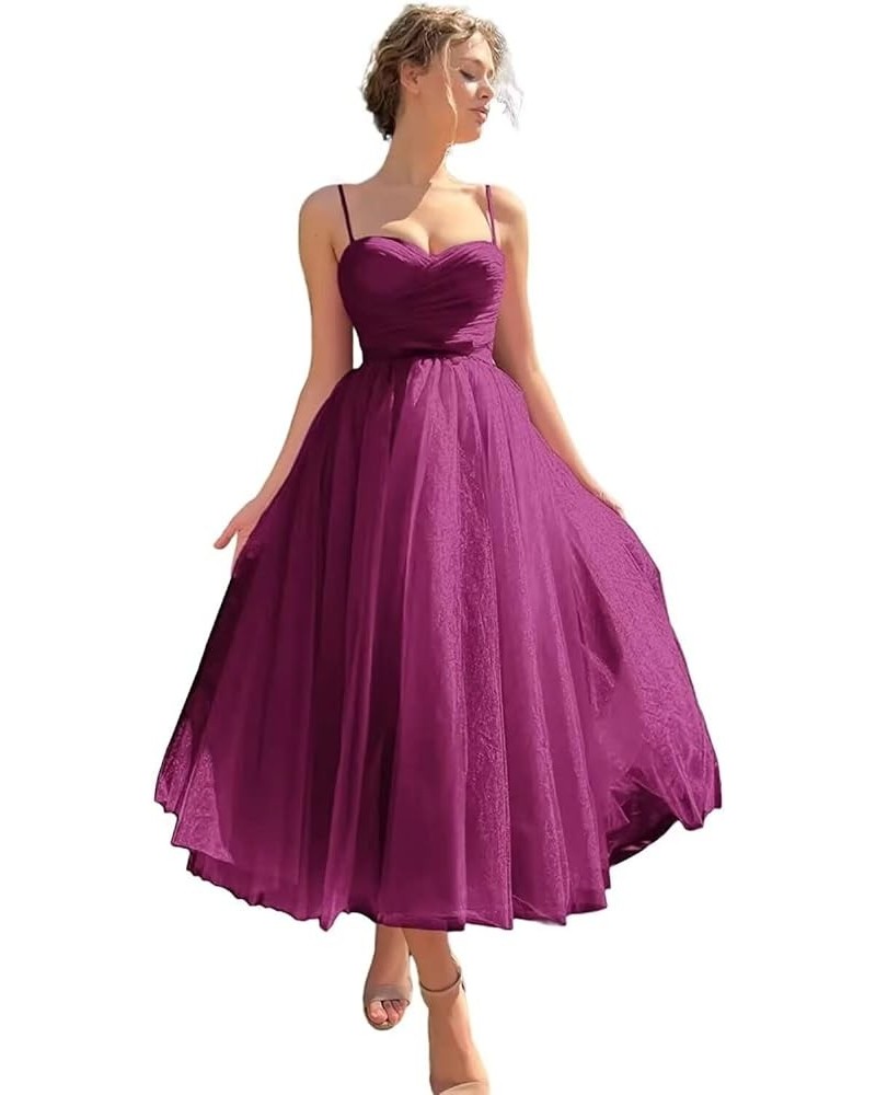 Spaghetti Straps Tulle Prom Dress for Women 2023 Tea Length Teens Formal Evening Party Dress with Pockets YO034 Plum $31.61 D...